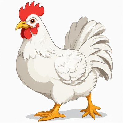 A white chicken stands on a white background