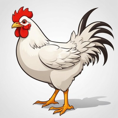 A white rooster stands on a gray background