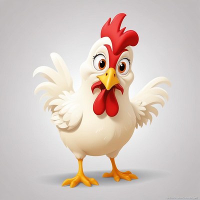 A cartoon chicken stands with its wings spread