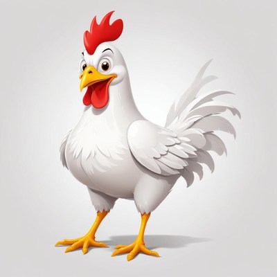 A white rooster with a red comb stands on a gray background