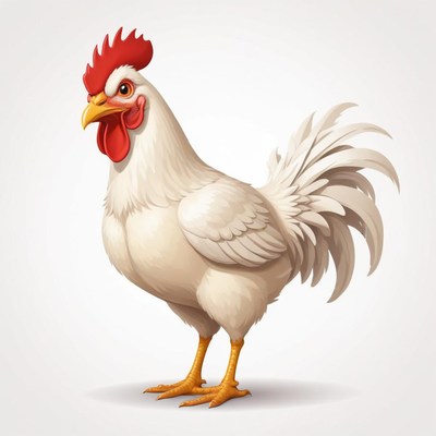 A white rooster stands against a white background