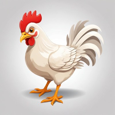 A white rooster stands on a gray background