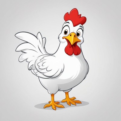 A cartoon chicken smiles for the camera