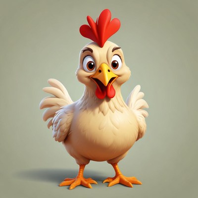 A cartoon chicken smiles cheerfully