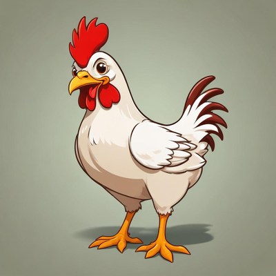 A white chicken with a red comb stands on a green background