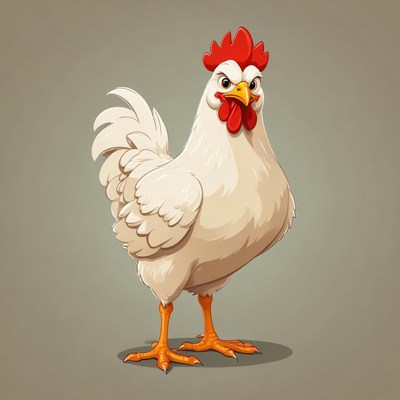 A white chicken stands on a gray background