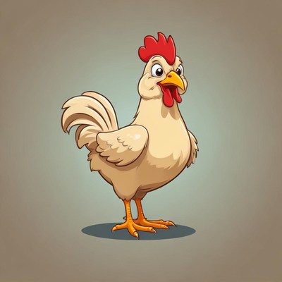 A cartoon chicken stands on a light brown background