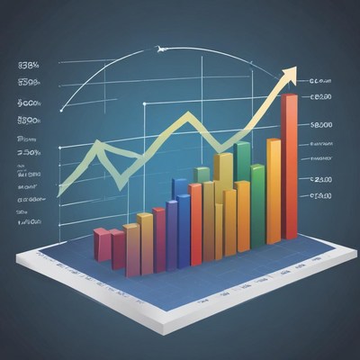 A 3d bar graph shows upward financial growth