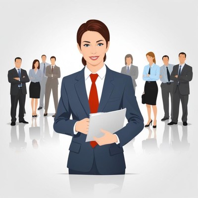 A woman in a suit stands in front of a group of coworkers