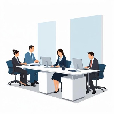 Four people work at their desks in an office