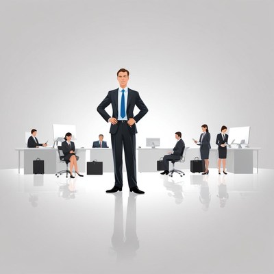 A businessman stands confidently in front of his team