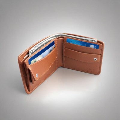 A brown leather wallet with cash and credit cards