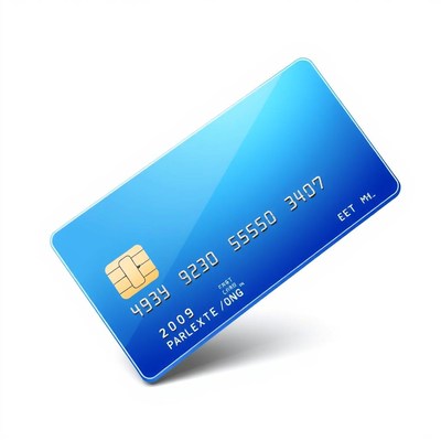 A blue credit card with a chip lies on a white surface