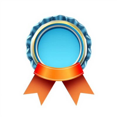 A blue and gold award with a red ribbon