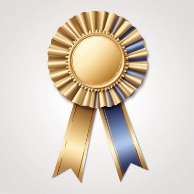A gold rosette with blue ribbons