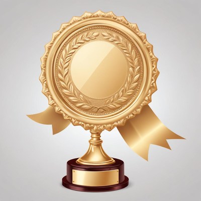 A golden trophy with a ribbon sits on a gray background