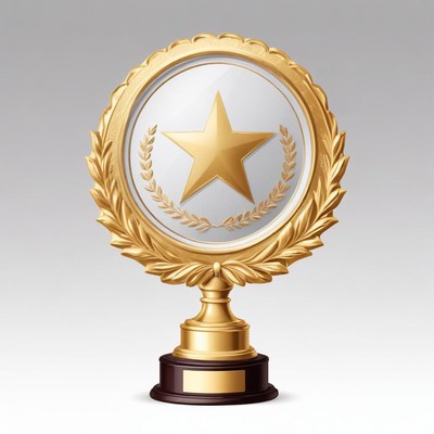 A gold trophy with a star and laurel wreath