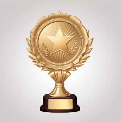 A golden trophy with a star sits on a black base