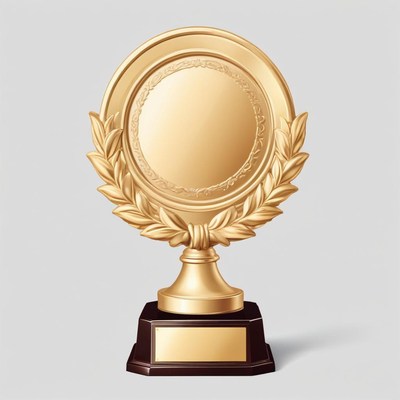 A gold trophy with a laurel wreath sits on a gray background