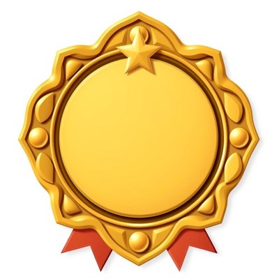 A gold award with a red ribbon