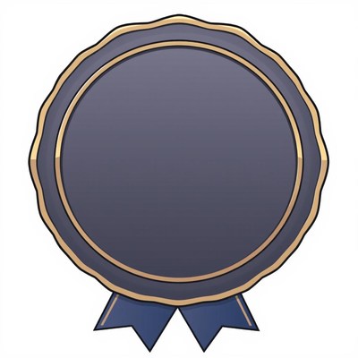 A blank blue seal with a gold rim and blue ribbon