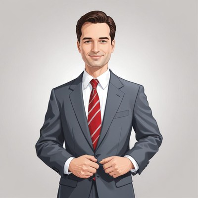 A man in a suit smiles while buttoning his jacket