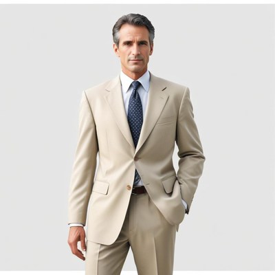 A man in a tan suit stands with his hand in his pocket