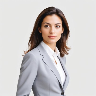 A woman in a gray blazer looks at the camera