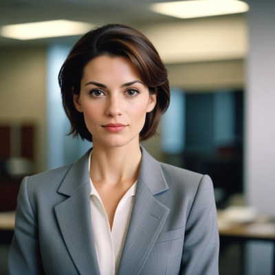 A woman in a gray blazer looks directly at the camera