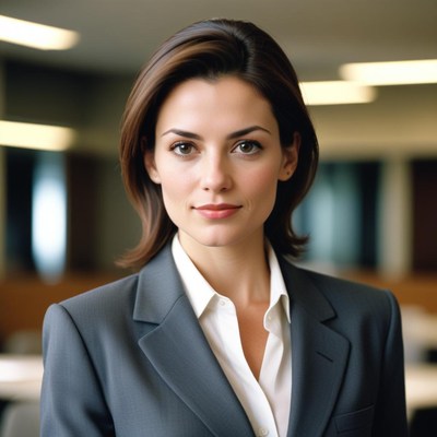 A woman in a business suit smiles in an office