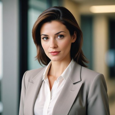A woman in a blazer stands in an office
