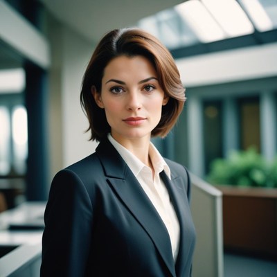 A woman in a suit stands in an office