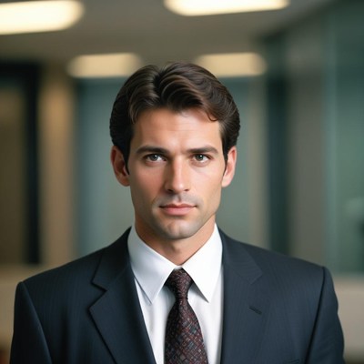 A man in a suit stands in an office