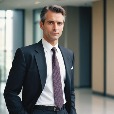 A man in a suit stands in an office