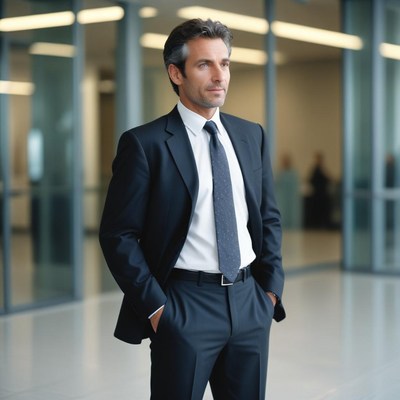 A man in a suit stands in an office building