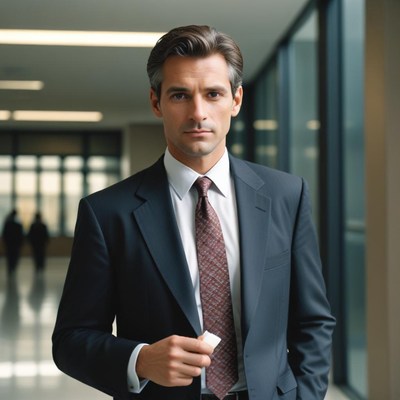 A man in a suit stands in an office hallway