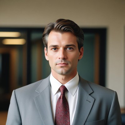 A man in a suit looks directly at the camera