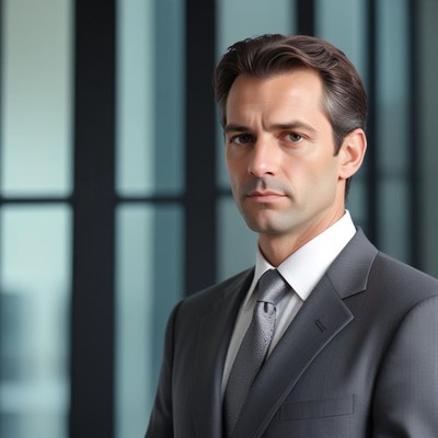 A man in a suit looks directly at the camera