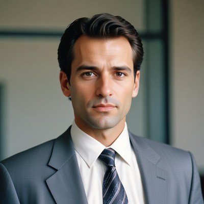 A man in a suit looks directly at the camera