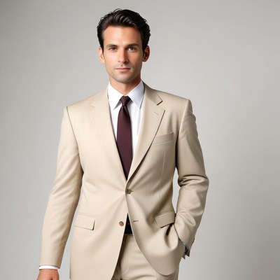 A man in a beige suit stands with one hand in his pocket