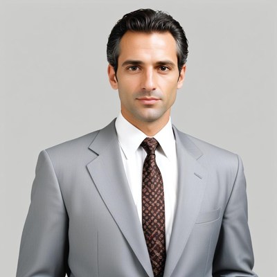 A man in a gray suit stands against a light gray background