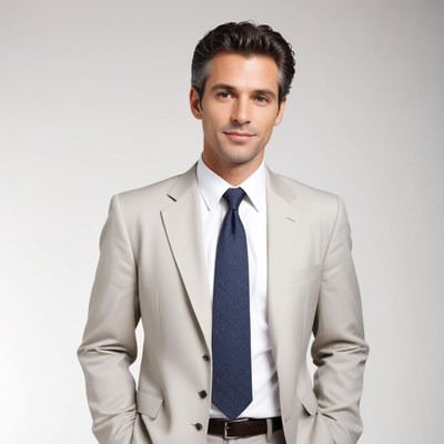 A man in a suit stands with his hands in his pockets