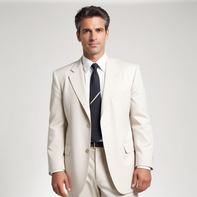 A man in a white suit stands in front of a white background