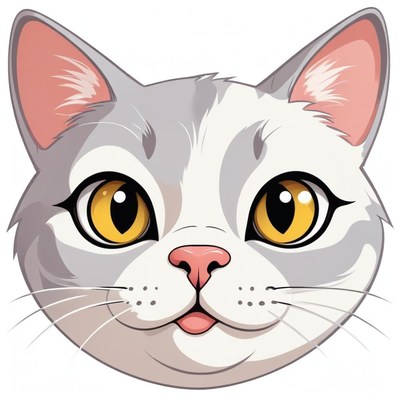 A cartoon cat with yellow eyes smiles