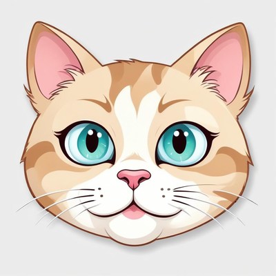 A cute cartoon cat with blue eyes smiles