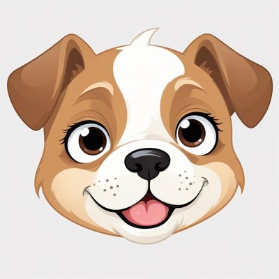 A cartoon dog with brown ears and white fur smiles