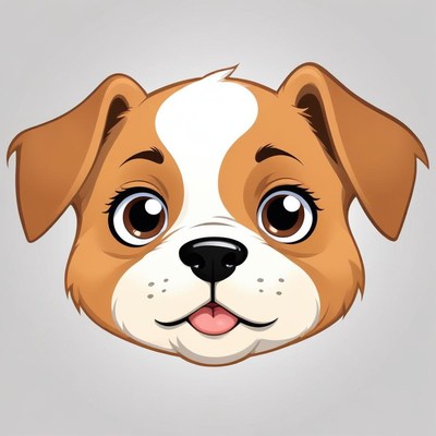 A cartoon puppy with brown and white fur looks at the camera