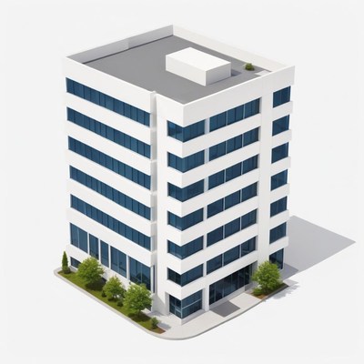 A white office building with blue windows