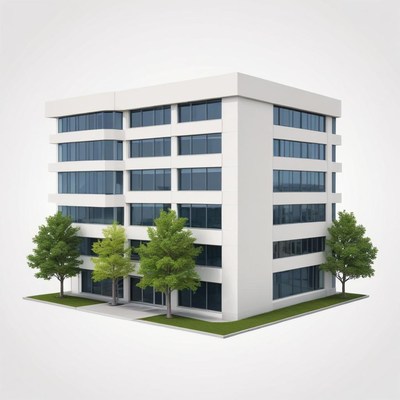 A white office building with trees in front