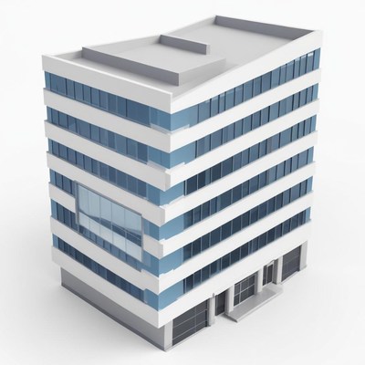 A modern office building with blue windows